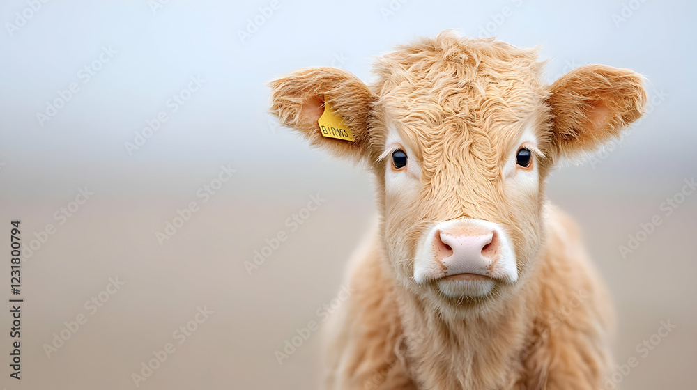 Cute calf stares, foggy field background, farm animal portrait, livestock image Cute calf stares, foggy field background, farm animal portrait, livestock image