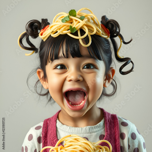 Funny hungry girl with curly noodles on her head. photo