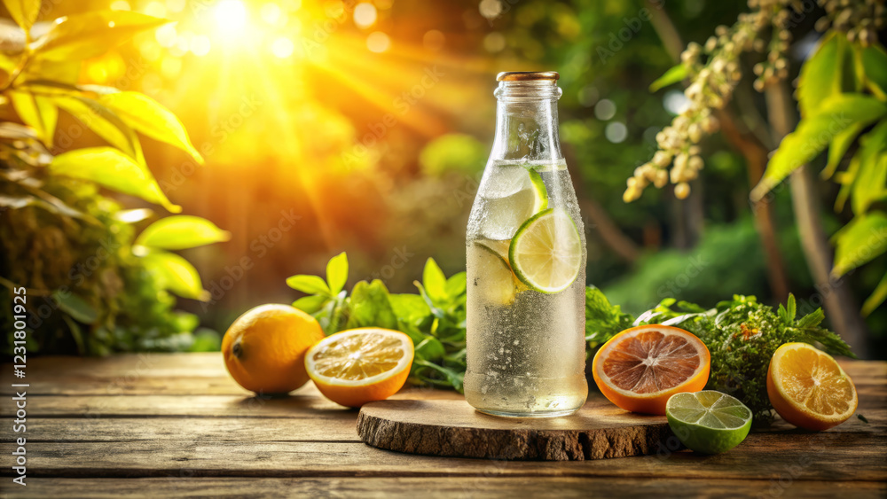 refreshing glass bottle of citrus flavored sparkling water, surrounded by fresh lemons and limes, captures essence of summer. sunlight enhances vibrant colors of fruits and greenery refreshing glass bottle of citrus flavored sparkling water, surrounded by fresh lemons and limes, captures essence of summer. sunlight enhances vibrant colors of fruits and greenery