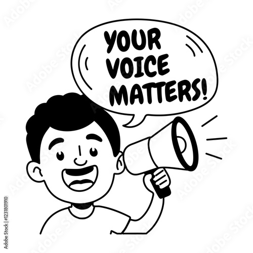 A glyph sticker featuring a character making an announcement with voice matter typography