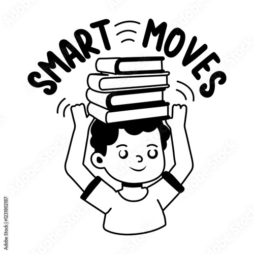 Glyph sticker of a student carry books on his head with smart moves typography 