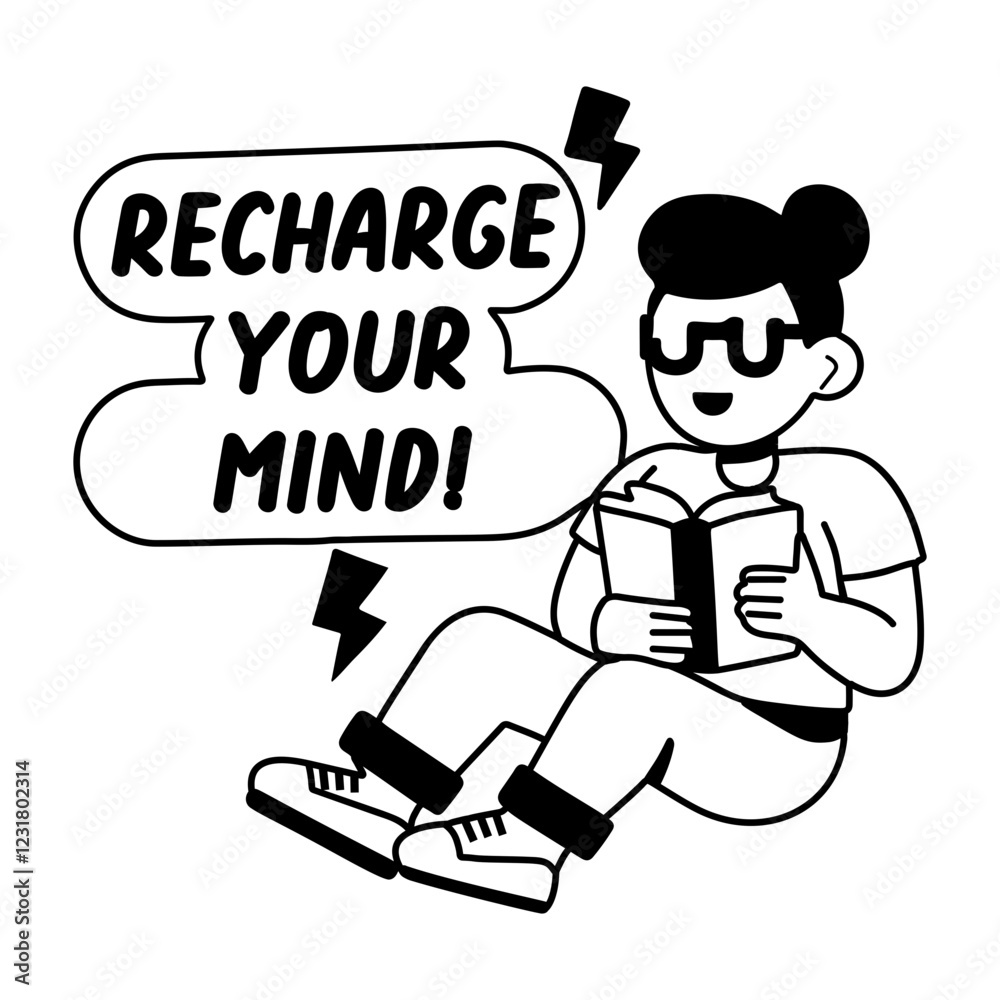 A glyph sticker of character reading book with recharge you mind typography 