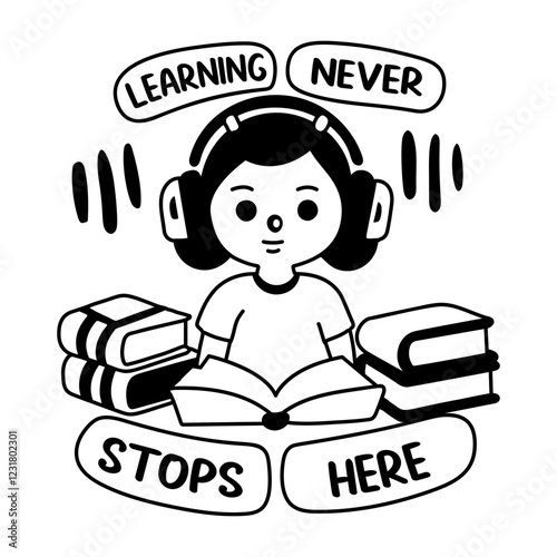 A glyph sticker of a bibliophile character with learning never stop here typography 