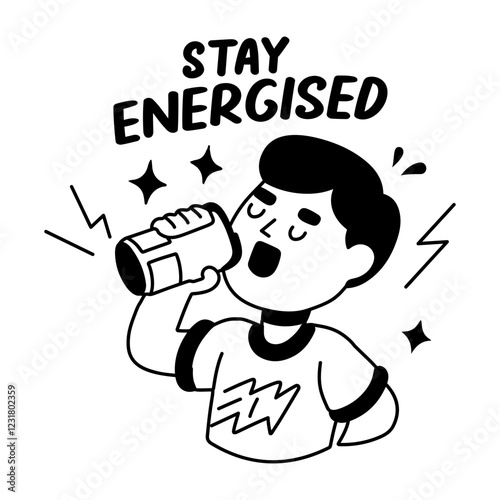 A glyph sticker of a student drinking soda can with stay energised typography  photo