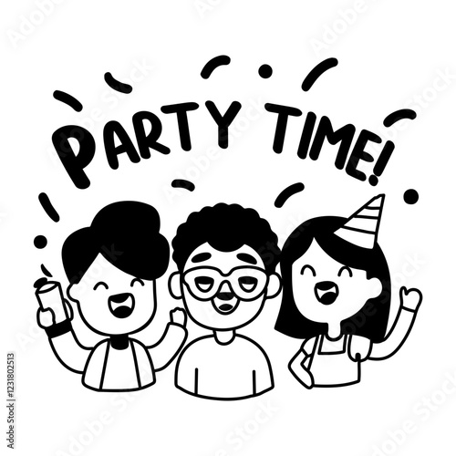 A glyph sticker of excited characters with party time typography 