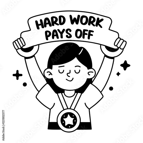 A glyph style character accomplishment sticker with hardwork pays off typography 