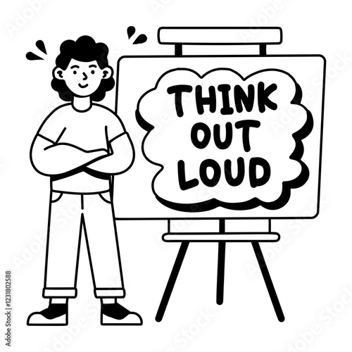 A glyph sticker of a character standing near a board written think out loud on it 
