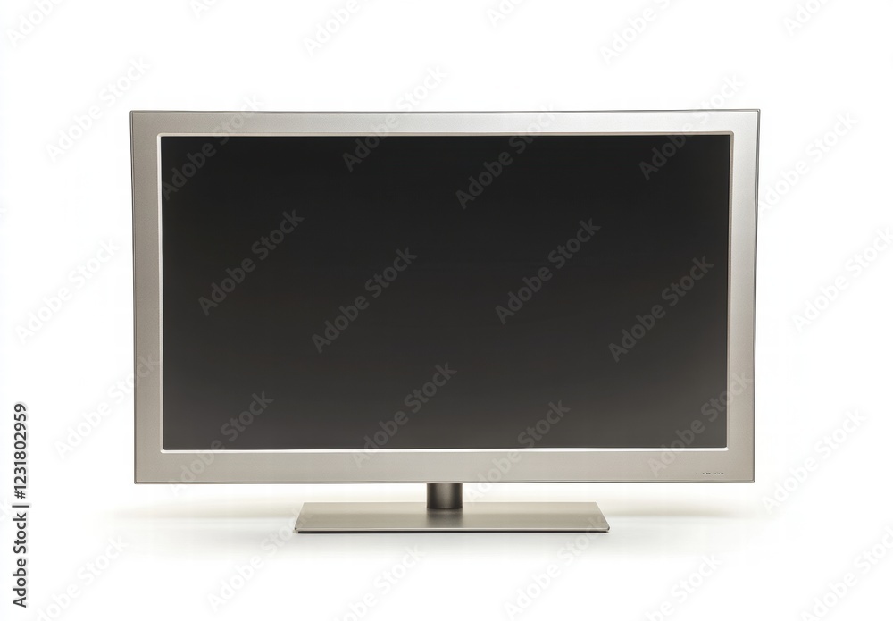 A silver computer monitor with a black screen A silver computer monitor with a black screen