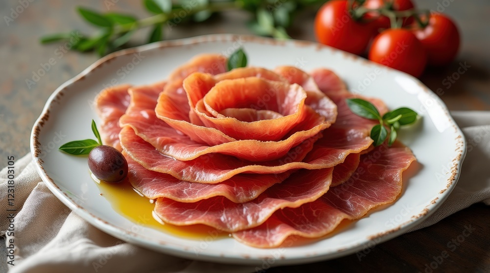 Artful presentation of Spanish jamon iberico on a plate with fresh ingredients Artful presentation of Spanish jamon iberico on a plate with fresh ingredients