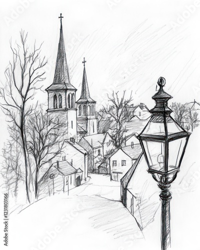 Sketch of a quaint town with twin church steeples photo