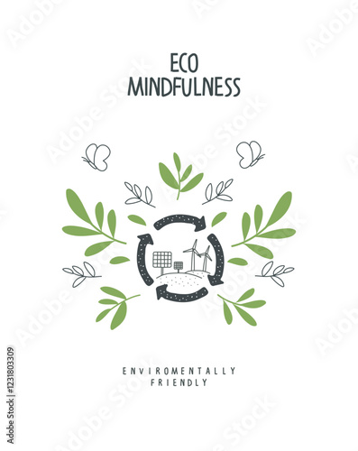 Vector cartoon sketch illustration sign of green energy. Trees in the forest. Environmentally friendly planet concept. Think Green. Protect the World from pollution concept.