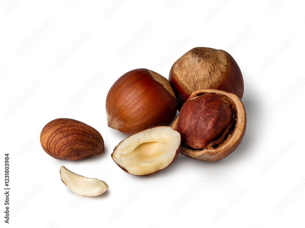 Hazelnuts and their shells scattered on a clean surface inviting culinary exploration Hazelnuts and their shells scattered on a clean surface inviting culinary exploration