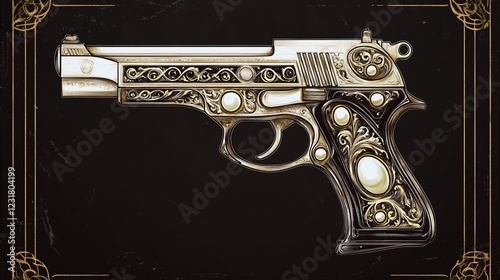Exquisite Pearl-Inlaid Firearm Watercolor Art for Design Projects