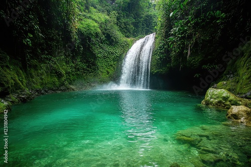 A hidden waterfall deep in a jungle surrounded by lush vegetation, the water cascading into a pool with a vibrant emerald hue.