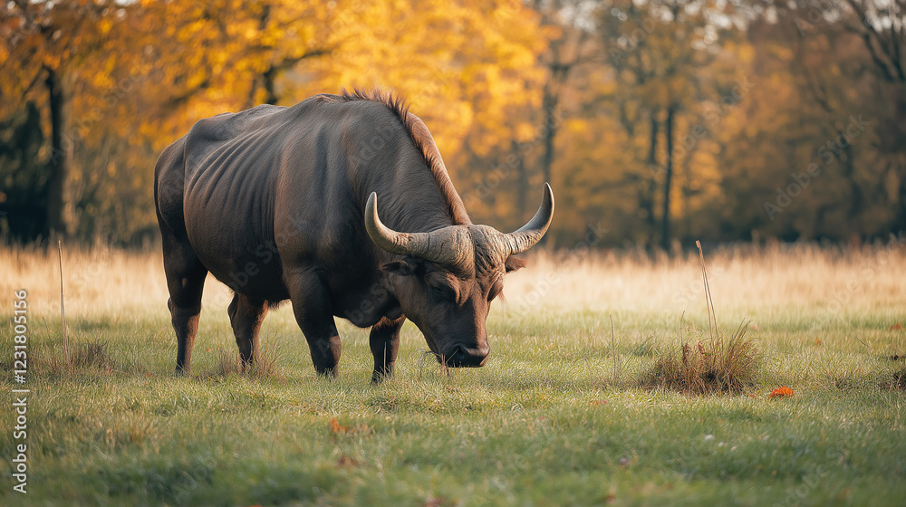 Obraz premium American bison grazing in autumn meadow. Perfect for wildlife conservation and national parks photography.