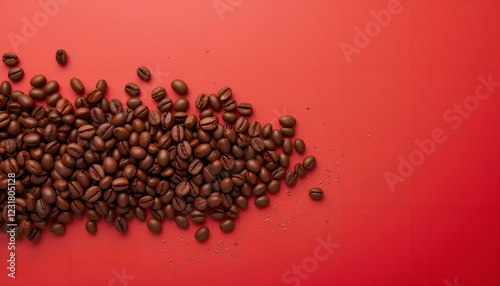 Roasted Coffee Beans on Red Background in a Flat-Lay Composition photo