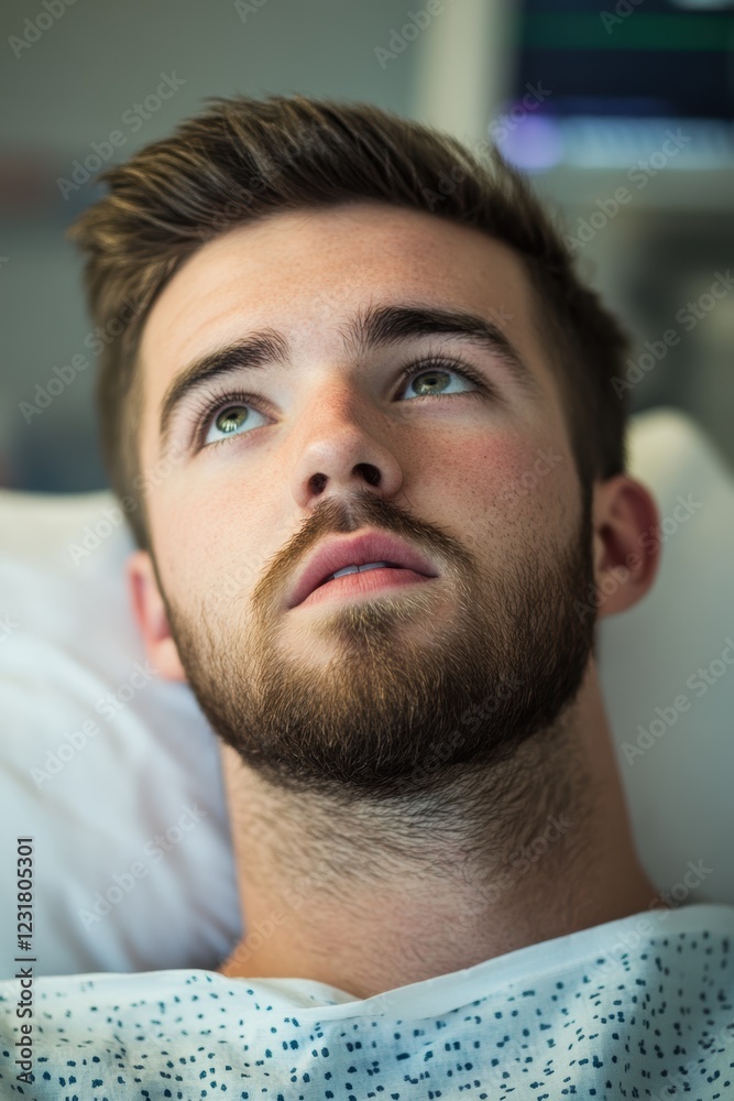 Obraz premium Patient in hospital bed contemplating recovery with medical equipment in background. Healthcare, emotional well-being, and support for recovery journey.