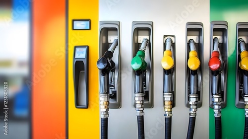 Colorfull fuel gasoline dispenser background. Fuel pumps station close up, copy space photo