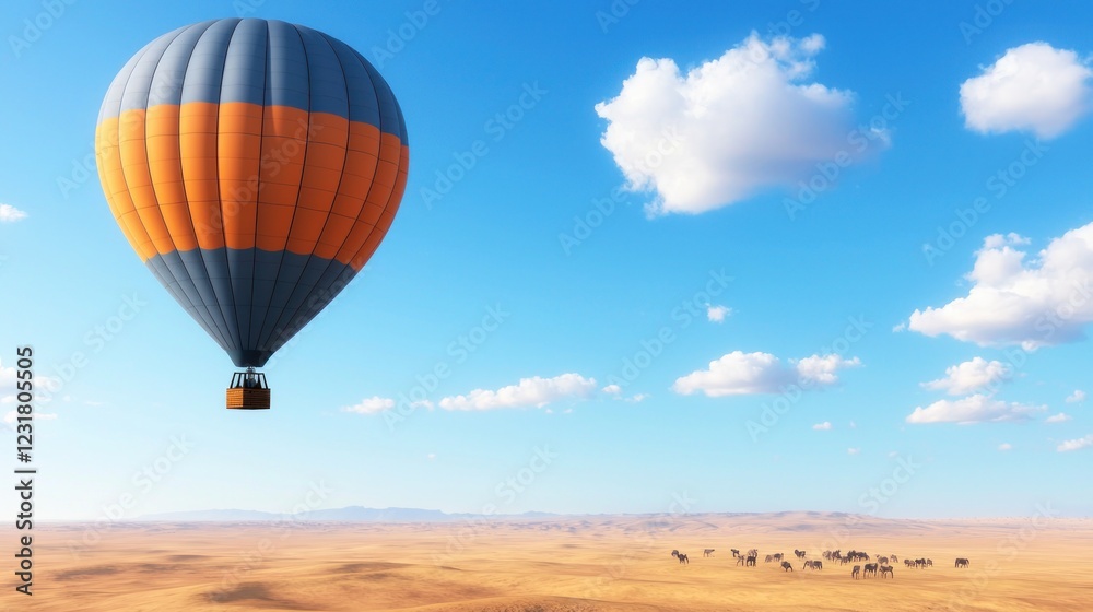 Fototapeta premium Orange And Blue Hot Air Balloon Over Desert Landscape