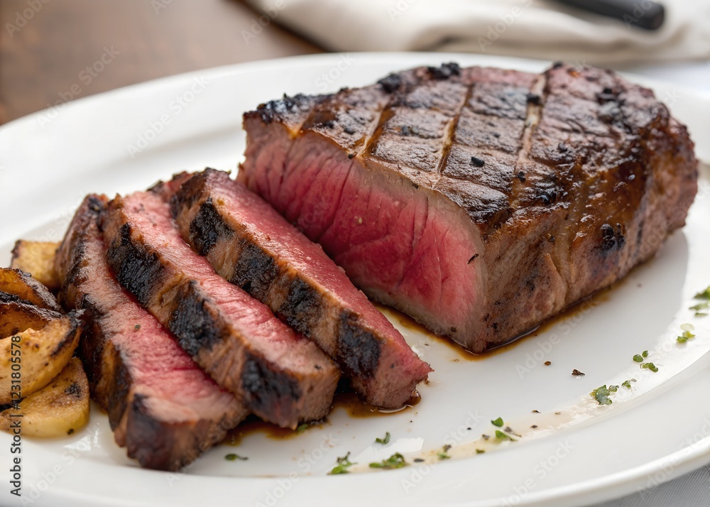 A succulent steak cooked to perfection, its rich aroma wafting through the air, Each slice showcasing its juicy tenderness and charred exterior A succulent steak cooked to perfection, its rich aroma wafting through the air, Each slice showcasing its juicy tenderness and charred exterior