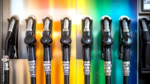 Colorfull fuel gasoline dispenser background. Fuel pumps station close up, copy space photo