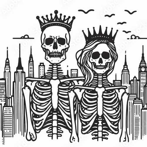 A quirky illustration of two skeletons wearing crowns, set against a city skyline, blending gothic and urban aesthetics.