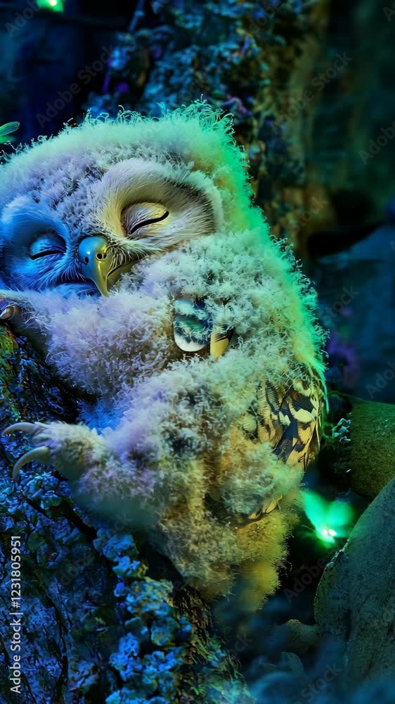Cute young owl resting peacefully on a tree branch amidst colorful lighting in a tranquil natural setting Cute young owl resting peacefully on a tree branch amidst colorful lighting in a tranquil natural setting