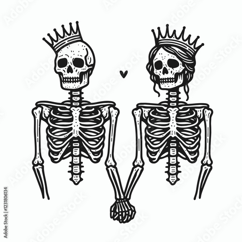 A whimsical illustration of two skeletons holding hands, adorned with crowns, symbolizing love and connection in a playful style.