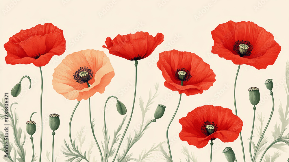 Fototapeta premium Pattern with poppies flowers. Vintage design element