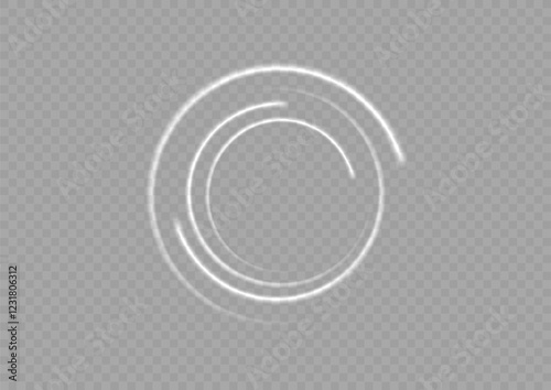 The white circle glows with light on a transparent background. The white circle lines curl into a circle. Bright Star. Swirl white circles, swirl lines white. Vector light circles with bright sparks.