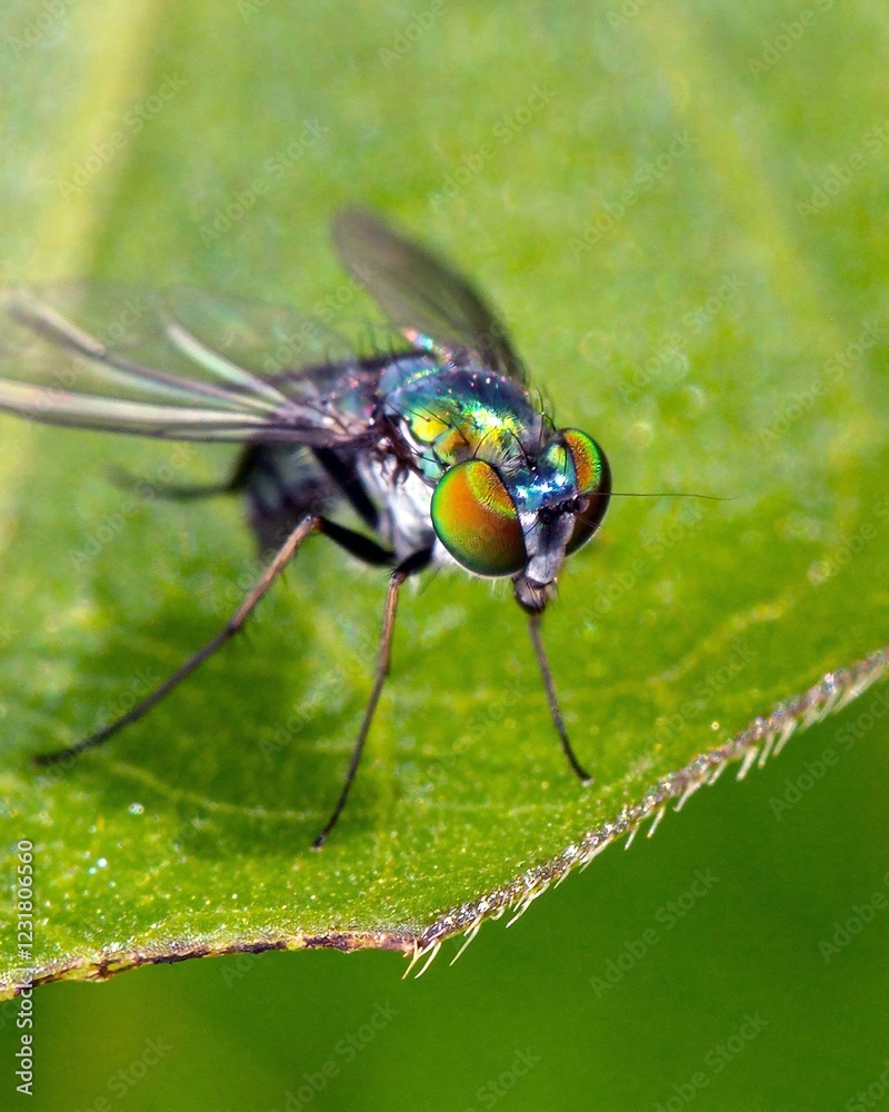 Close-up of Colorful Fly on Green Leaf Close-up of Colorful Fly on Green Leaf
