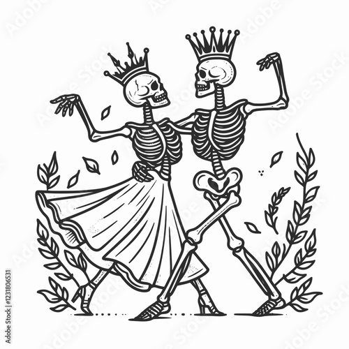 A whimsical illustration of two skeletons dancing together, both wearing crowns, surrounded by leaves, depicting a playful take on life and celebration.