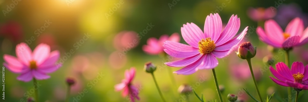 Cosmos flowers in full bloom, soft sunlight, tranquil garden setting , beauty, blossom, sunlight Cosmos flowers in full bloom, soft sunlight, tranquil garden setting , beauty, blossom, sunlight