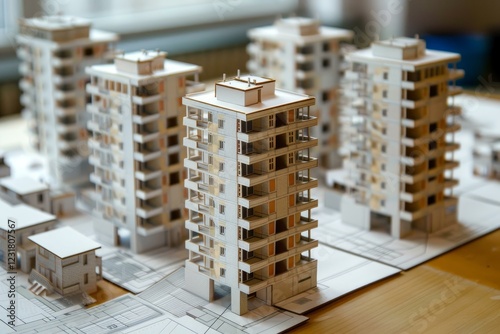 Miniature model of apartment buildings placed on construction plans during the design phase of a new residential development