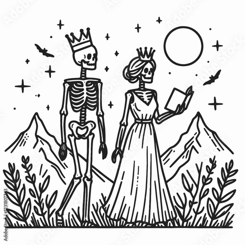 A whimsical illustration of a crowned skeleton couple standing in a mountainous landscape under a moonlit sky, surrounded by stars and foliage.