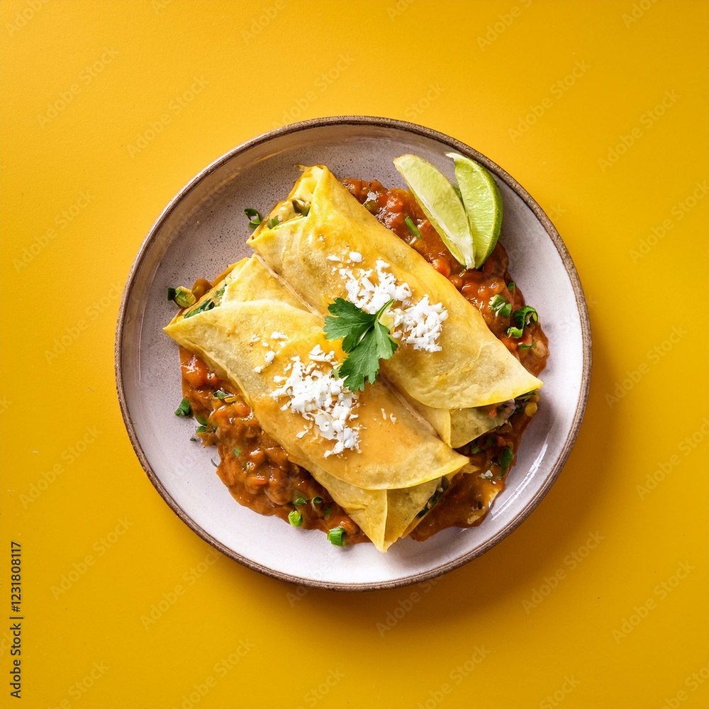Mexican food enchiladas in plate on yellow background