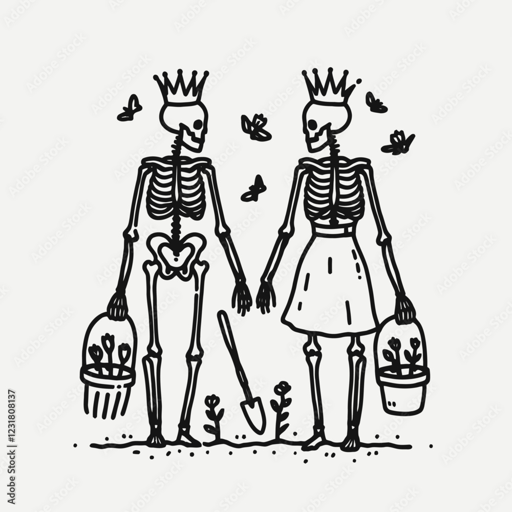 Two skeletons wearing crowns, holding hands and gardening tools, surrounded by butterflies and flowers, depicting a whimsical, playful vibe. Two skeletons wearing crowns, holding hands and gardening tools, surrounded by butterflies and flowers, depicting a whimsical, playful vibe.