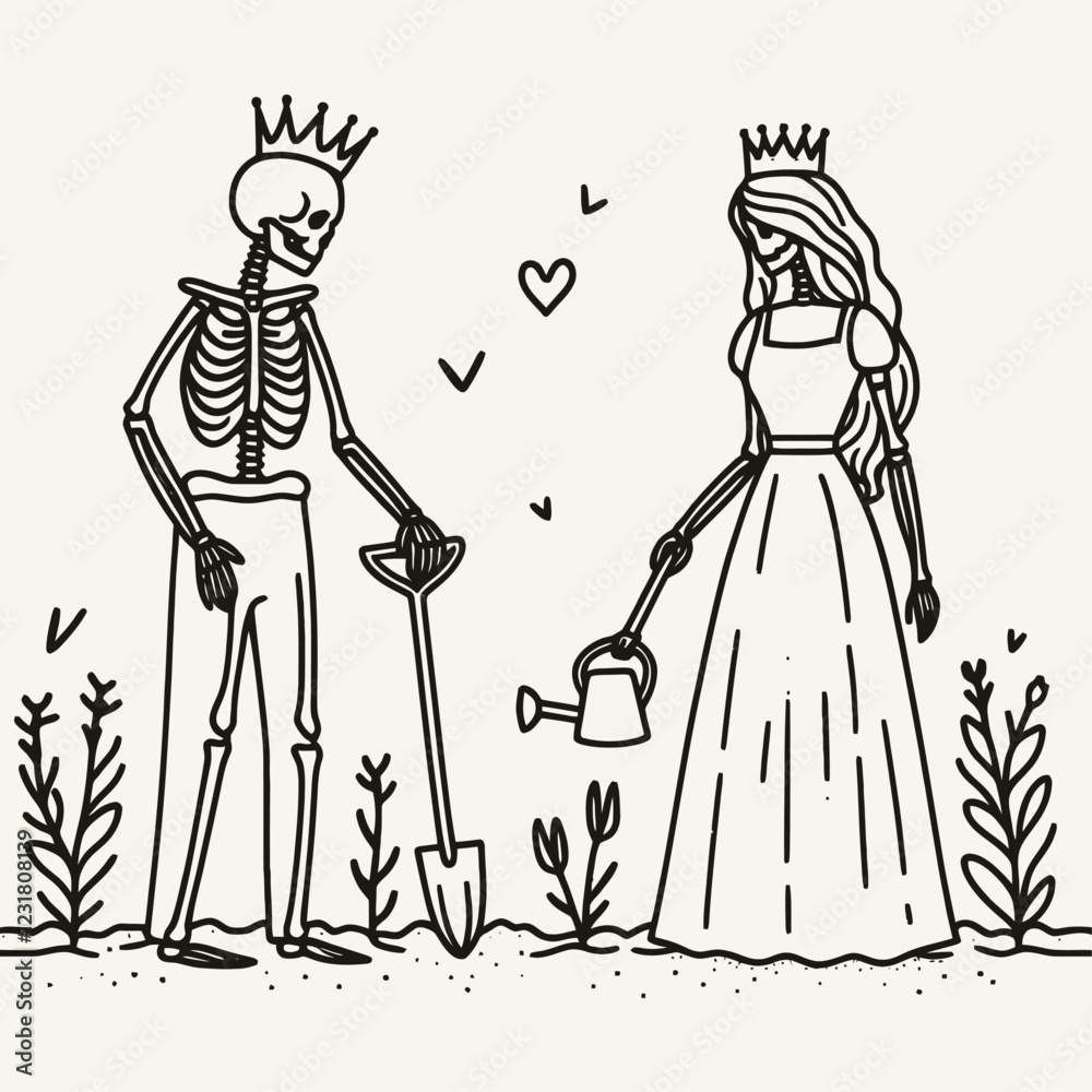 A whimsical illustration of a skeleton and a queen planting flowers together, symbolizing love and life amidst a garden backdrop. A whimsical illustration of a skeleton and a queen planting flowers together, symbolizing love and life amidst a garden backdrop.