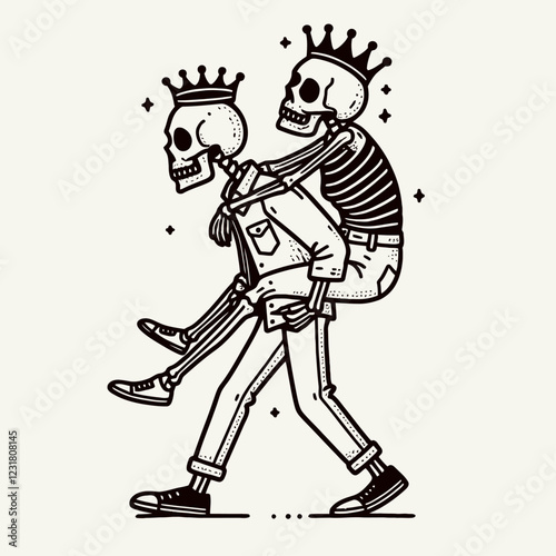 Two cartoonish skeletons wearing crowns; one carries the other on their back, showcasing a playful and whimsical vibe.