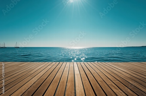 A wooden pier overlooking a calm ocean with a few sailboats in the distance
