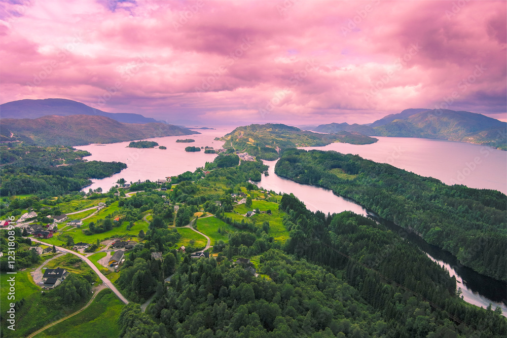 Panoramic view from above of the Holmefjord at sunset. Norway