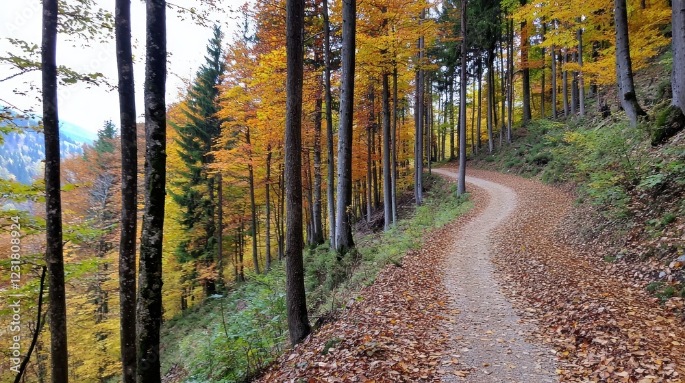 Obraz premium Autumnal Forest Trail with Golden Leaves and Hillside View