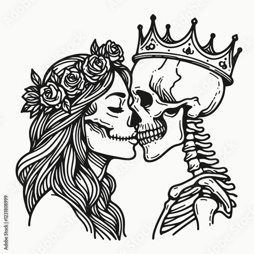 A romantic illustration of a skeleton and a woman with a floral crown, symbolizing love and mortality through their intimate kiss.