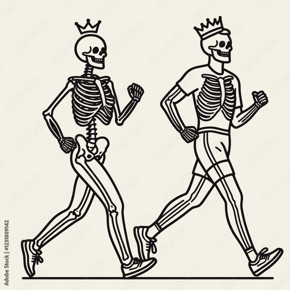 Fototapeta premium A playful illustration of two skeletons running, one wearing a crown, depicting a humorous take on fitness and vitality.