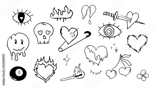 Psychedelic doodle heart barbed wire, with fire nd eye, graffiti groovy set. Retro tattoo grunge lucky ball, disko ball. Street sketch skull and fire vintage aesthetic.