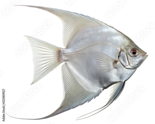 
aquarium fish Angelfish - silvery in color, an unusual fish from the rivers of South America. she has a flattened, almost triangular body with highly elongated fins, isolated on a white background