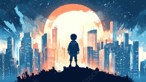 Courageous Child Guardian Protecting Urban Area from Malevolent Forces Vector Artwork photo