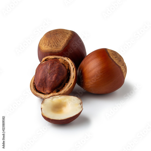 A collection of hazelnuts lies on a pristine white background, showcasing their smooth shells along with one nut partially removed to reveal its creamy interior. A feast for the senses awaits.