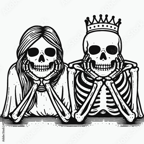 A whimsical illustration of a skeletal couple, featuring a crowned skeleton and a female skeleton, both resting their chins on their hands.