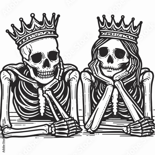 A whimsical illustration of two skeletons wearing crowns, resting their chins on their hands, exuding a playful yet macabre vibe.